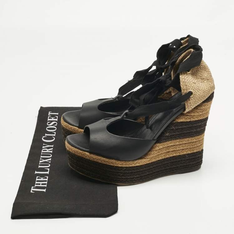 Pre Owned Fendi Black Leather and Straw Ankle Tie Wedge Espadrille Sandals Size 38.5
