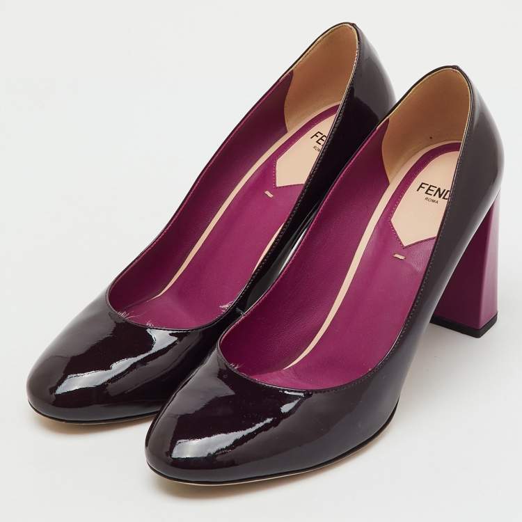 Pre Owned Fendi Dark Purple Patent Leather Round Toe Block Heel Pumps Size 39