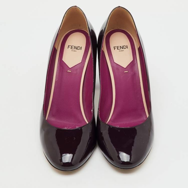 Pre Owned Fendi Dark Purple Patent Leather Round Toe Block Heel Pumps Size 39