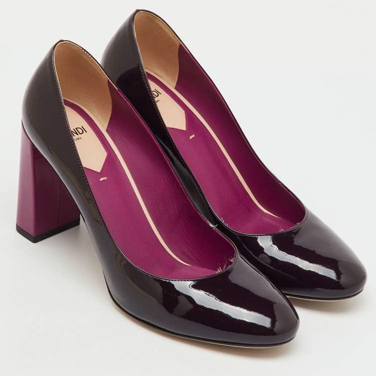 Pre Owned Fendi Dark Purple Patent Leather Round Toe Block Heel Pumps Size 39