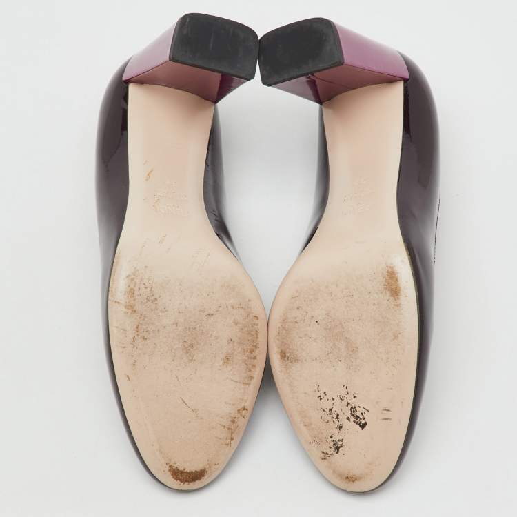 Pre Owned Fendi Dark Purple Patent Leather Round Toe Block Heel Pumps Size 39