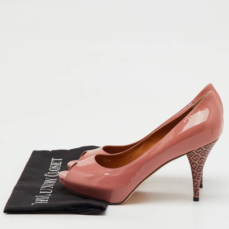 Pre Owned Fendi Rose Pink Patent Leather Zucca Heel Peep Toe Platform Pumps Size 39