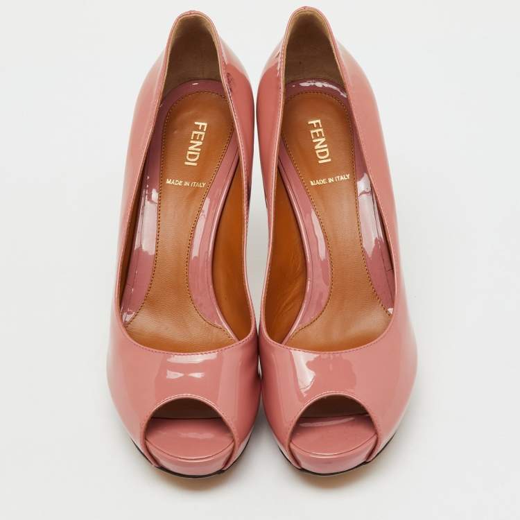Pre Owned Fendi Rose Pink Patent Leather Zucca Heel Peep Toe Platform Pumps Size 39
