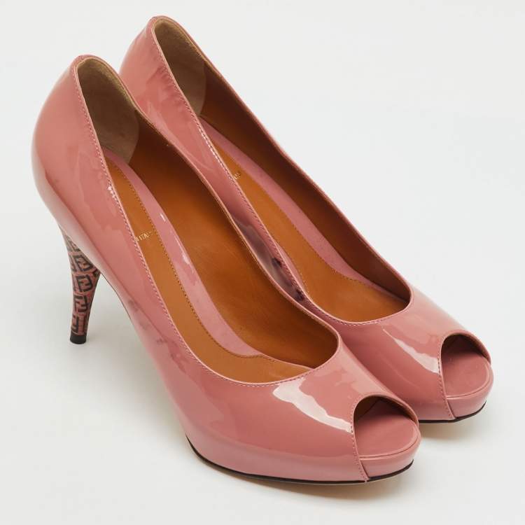 Pre Owned Fendi Rose Pink Patent Leather Zucca Heel Peep Toe Platform Pumps Size 39