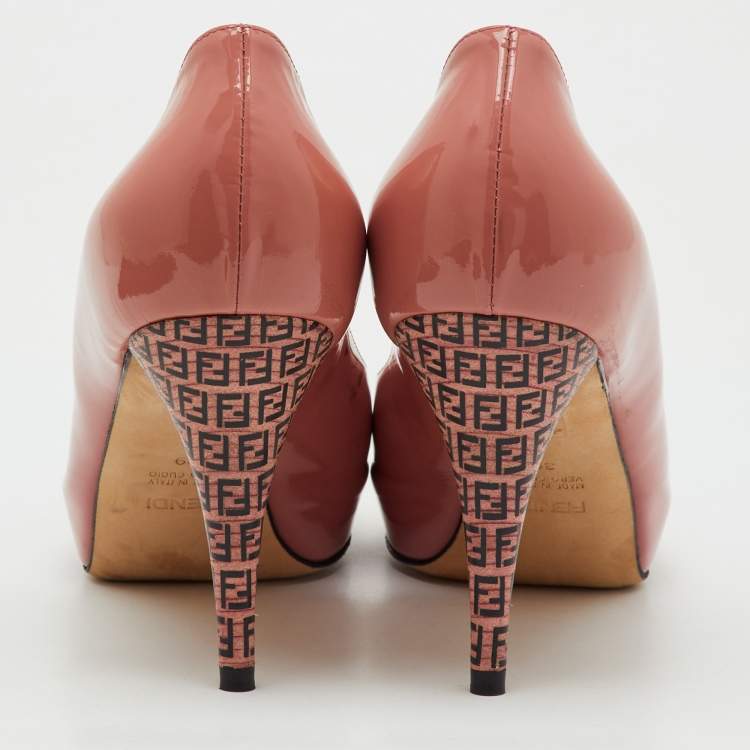 Pre Owned Fendi Rose Pink Patent Leather Zucca Heel Peep Toe Platform Pumps Size 39
