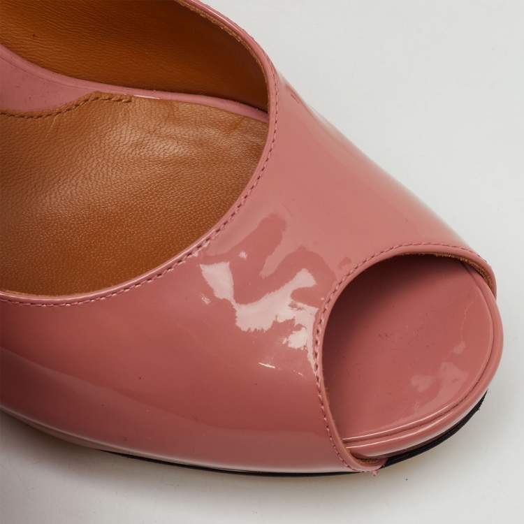 Pre Owned Fendi Rose Pink Patent Leather Zucca Heel Peep Toe Platform Pumps Size 39