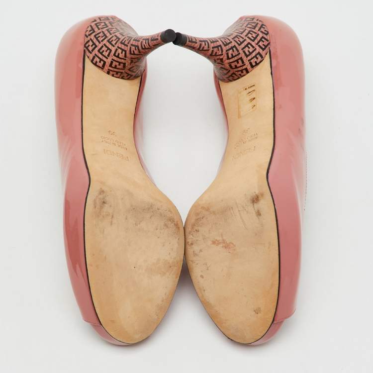 Pre Owned Fendi Rose Pink Patent Leather Zucca Heel Peep Toe Platform Pumps Size 39