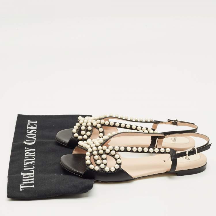 Pre Owned Fendi Black Leather Pearl Embellished Flat Sandals Size 38
