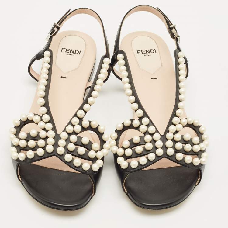 Pre Owned Fendi Black Leather Pearl Embellished Flat Sandals Size 38