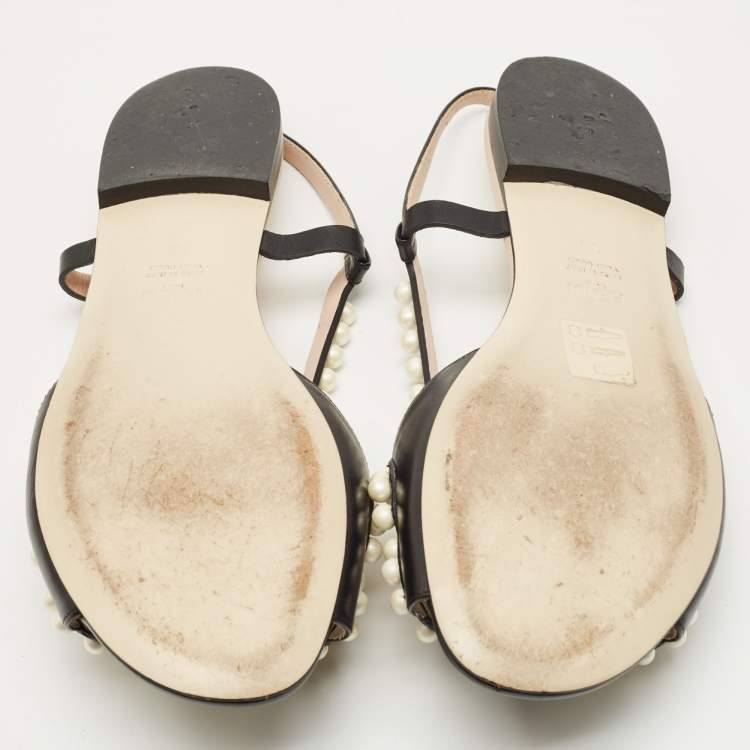 Pre Owned Fendi Black Leather Pearl Embellished Flat Sandals Size 38
