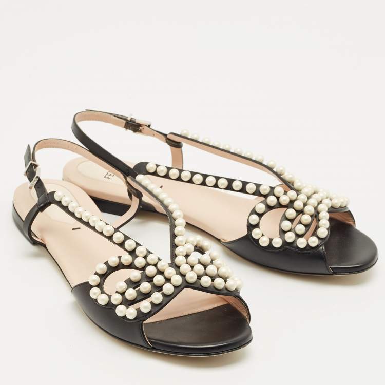Pre Owned Fendi Black Leather Pearl Embellished Flat Sandals Size 38