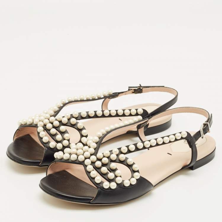 Pre Owned Fendi Black Leather Pearl Embellished Flat Sandals Size 38
