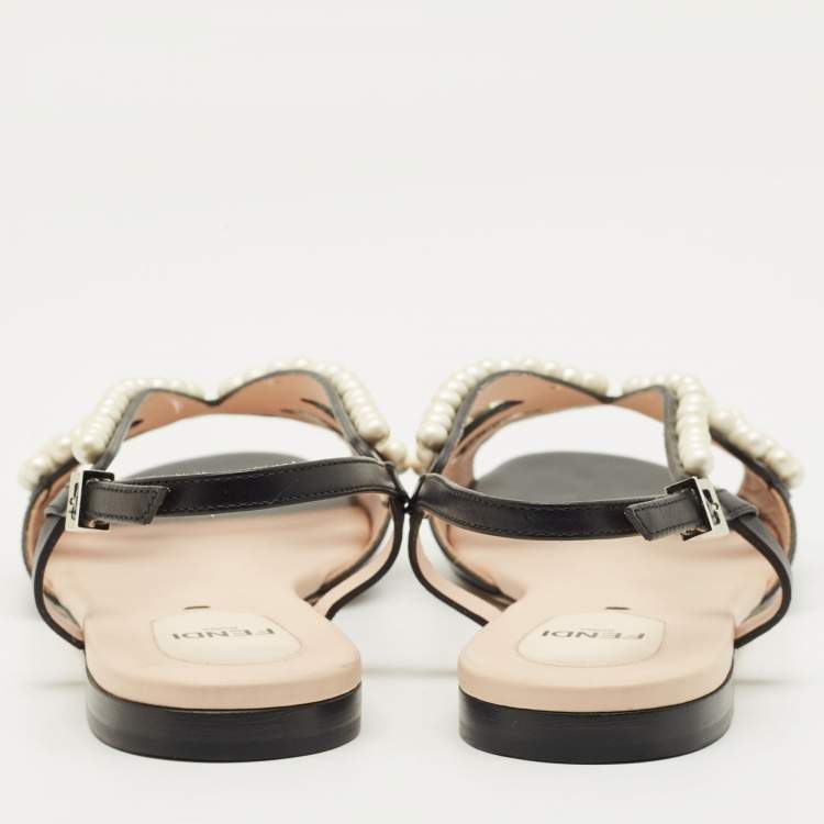Pre Owned Fendi Black Leather Pearl Embellished Flat Sandals Size 38