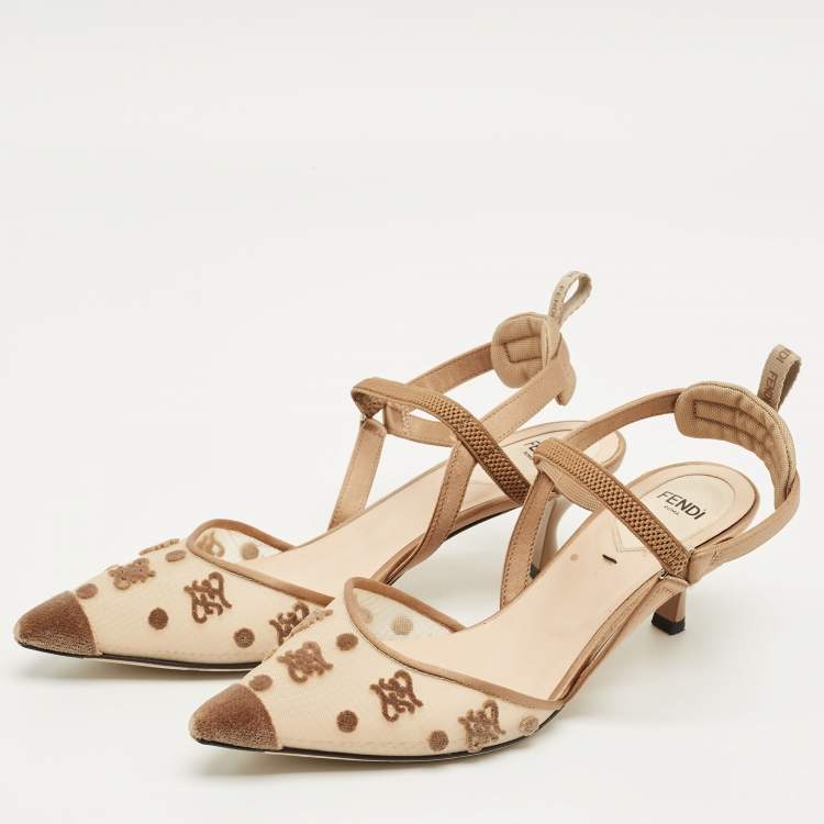 Pre Owned Fendi Brown/Beige Satin and Velvet Colibri Slingback Pumps Size 36