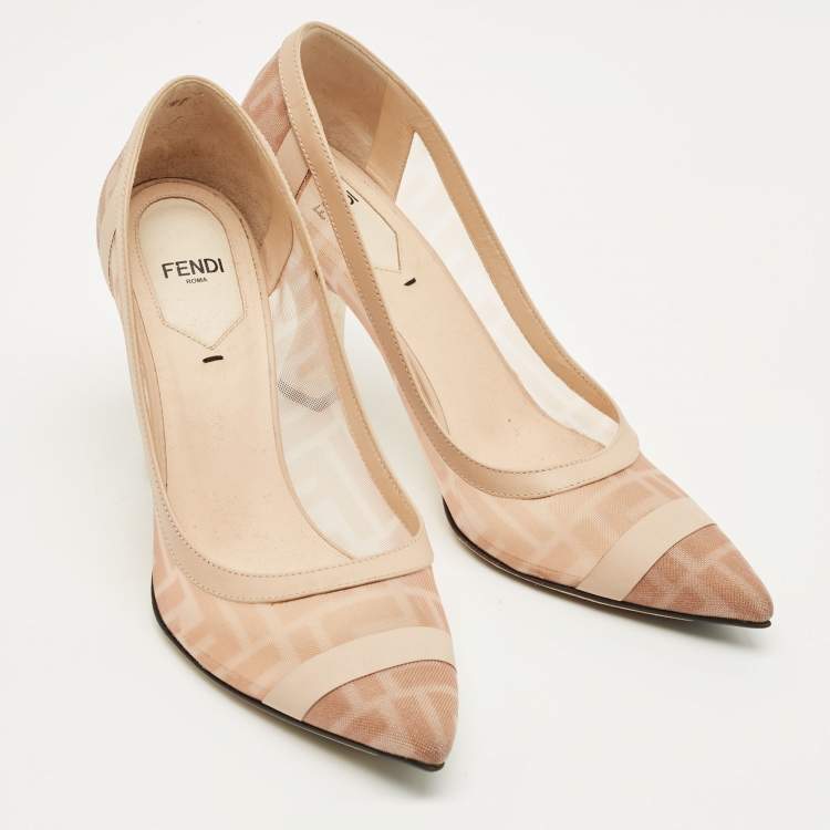 Pre Owned Fendi Light Beige/Brown Zucca Mesh and Leather Colibri Pointed Toe Pumps Size 38