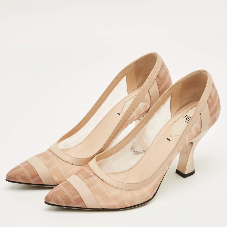 Pre Owned Fendi Light Beige/Brown Zucca Mesh and Leather Colibri Pointed Toe Pumps Size 38