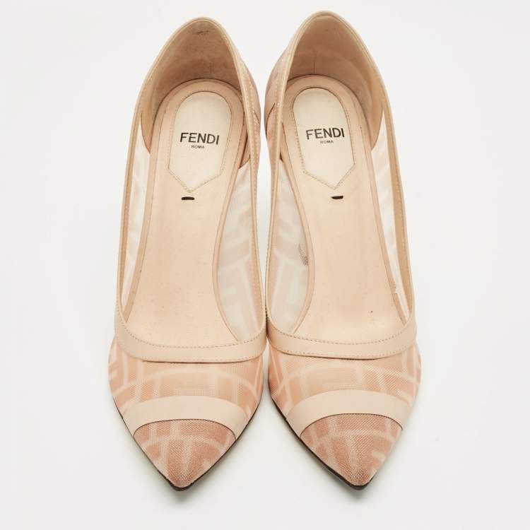 Pre Owned Fendi Light Beige/Brown Zucca Mesh and Leather Colibri Pointed Toe Pumps Size 38