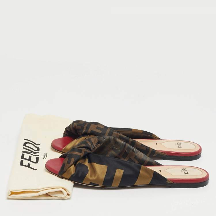 Pre Owned Fendi Brown/Red Zucca Fabric Twist Knotted Flat Slides Size 38