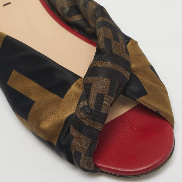 Pre Owned Fendi Brown/Red Zucca Fabric Twist Knotted Flat Slides Size 38
