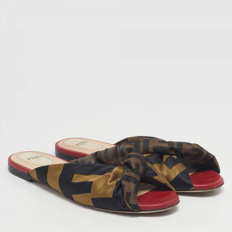 Pre Owned Fendi Brown/Red Zucca Fabric Twist Knotted Flat Slides Size 38