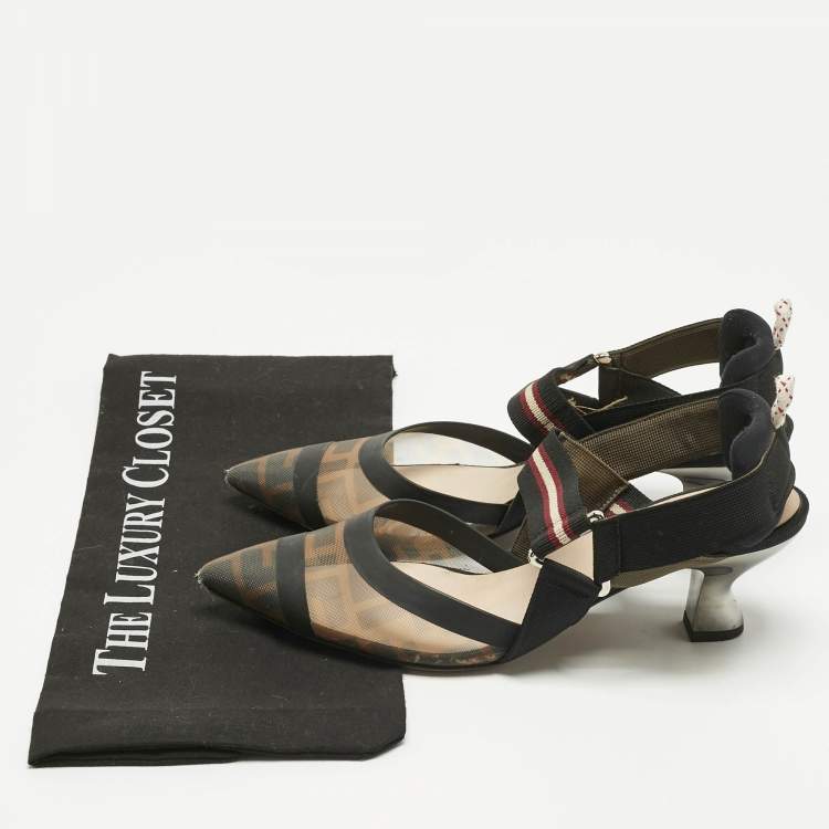 Pre Owned Fendi Black Canvas and Mesh Colibri Pumps Size 37