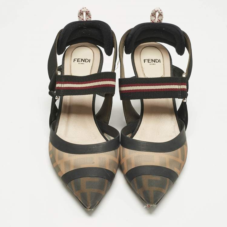 Pre Owned Fendi Black Canvas and Mesh Colibri Pumps Size 37