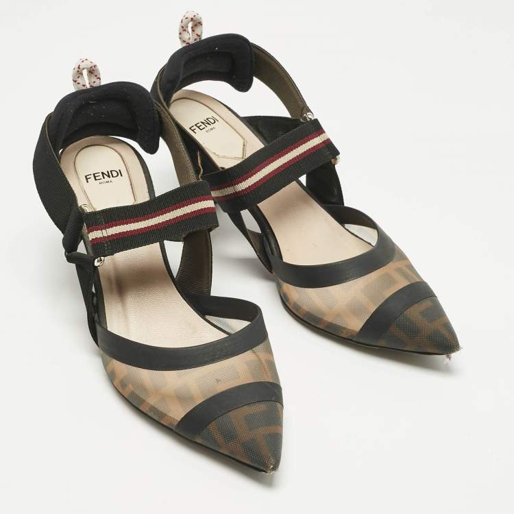 Pre Owned Fendi Black Canvas and Mesh Colibri Pumps Size 37