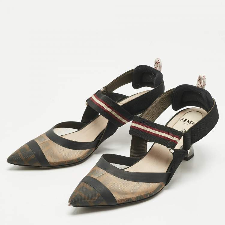 Pre Owned Fendi Black Canvas and Mesh Colibri Pumps Size 37
