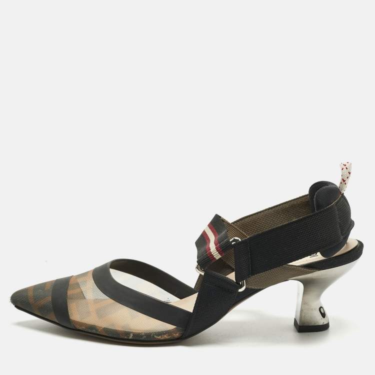 Pre Owned Fendi Black Canvas and Mesh Colibri Pumps Size 37