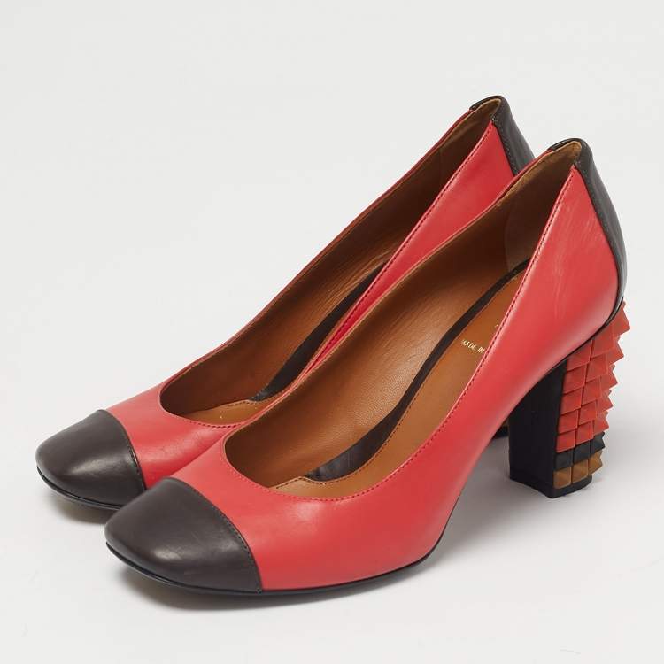 Pre Owned Fendi Multicolor Leather Studded Block Heel Pumps Size 37.5