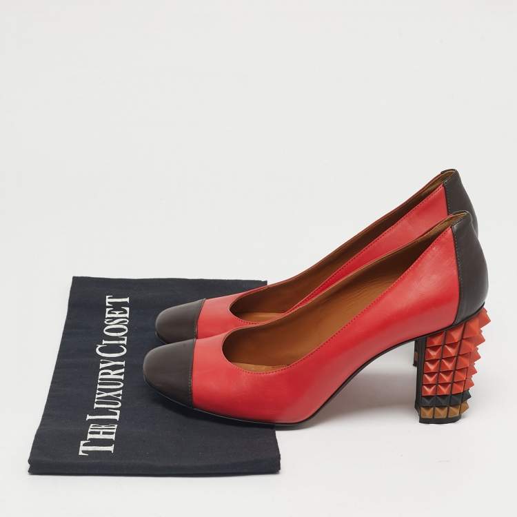 Pre Owned Fendi Multicolor Leather Studded Block Heel Pumps Size 37.5