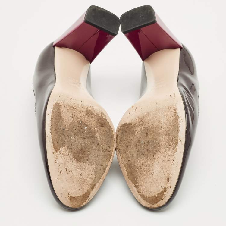 Pre Owned Fendi Burgundy Patent Leather Block Heel Pumps Size 38.5
