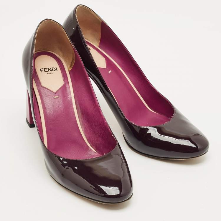 Pre Owned Fendi Burgundy Patent Leather Block Heel Pumps Size 38.5
