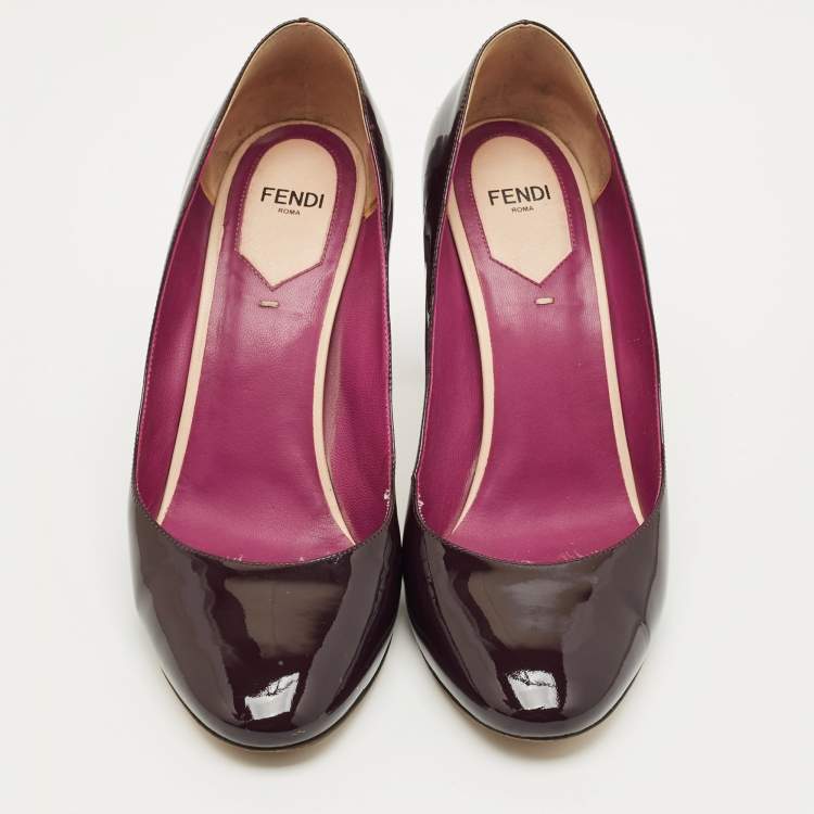 Pre Owned Fendi Burgundy Patent Leather Block Heel Pumps Size 38.5