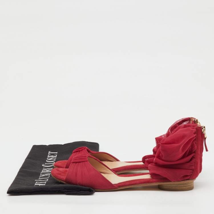 Pre Owned Fendi Red Mesh and Suede Ankle Wrap Flat Sandals Size 37