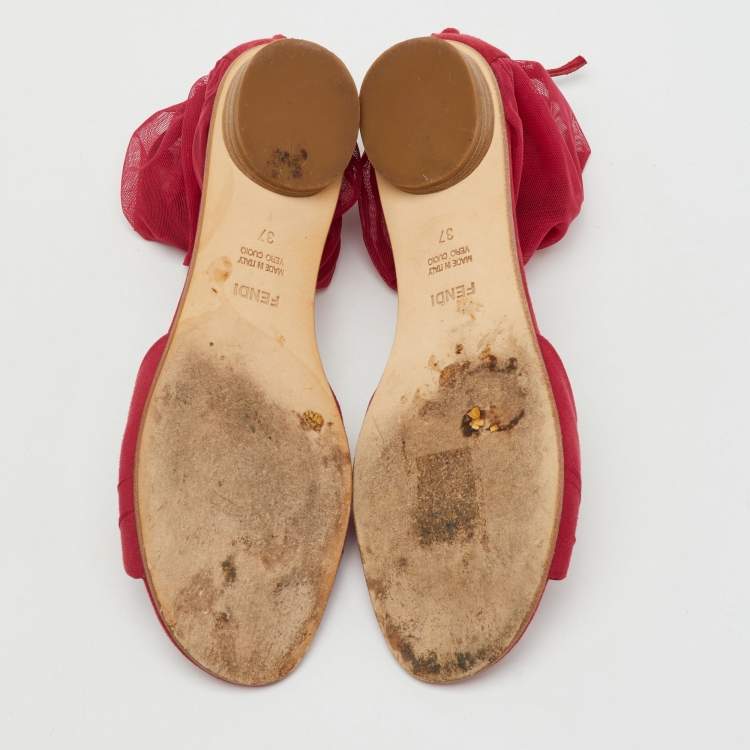 Pre Owned Fendi Red Mesh and Suede Ankle Wrap Flat Sandals Size 37