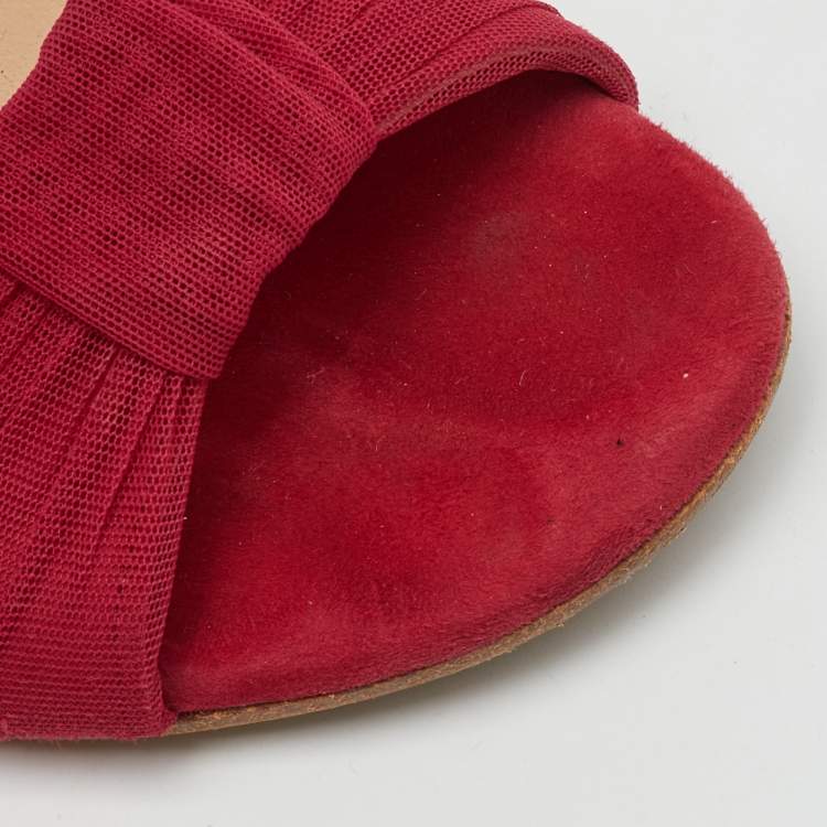 Pre Owned Fendi Red Mesh and Suede Ankle Wrap Flat Sandals Size 37