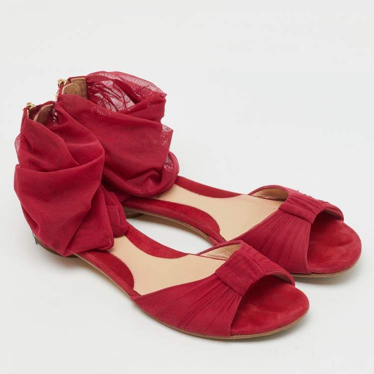 Pre Owned Fendi Red Mesh and Suede Ankle Wrap Flat Sandals Size 37