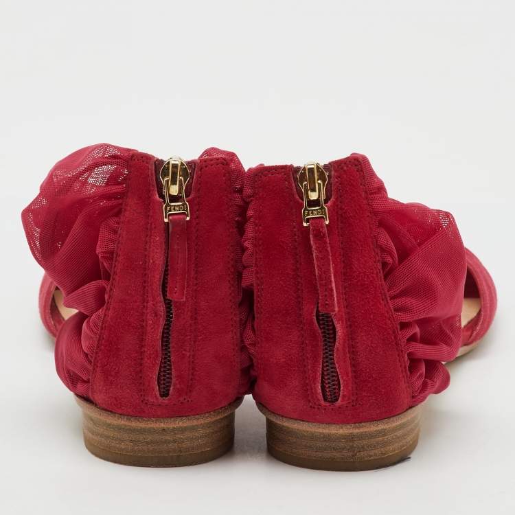 Pre Owned Fendi Red Mesh and Suede Ankle Wrap Flat Sandals Size 37