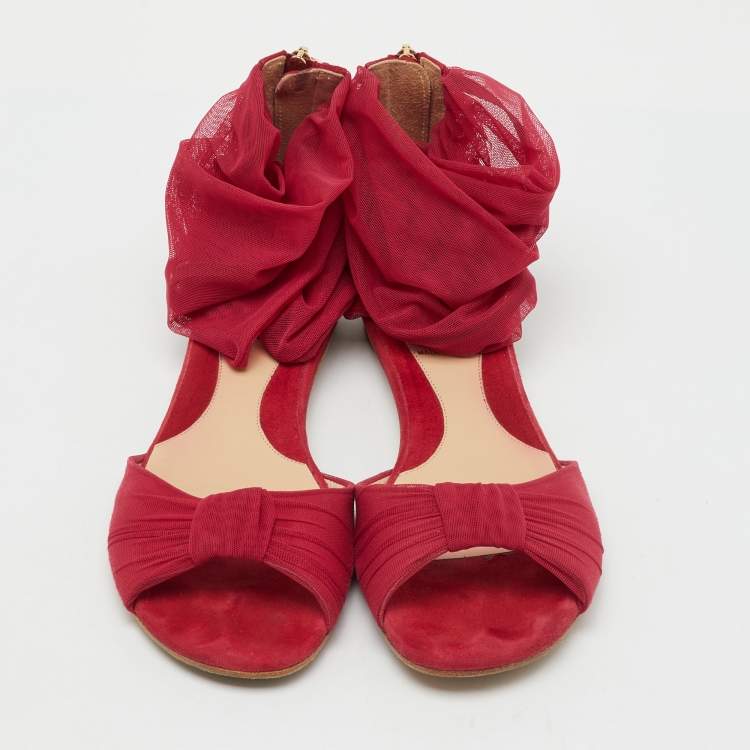 Pre Owned Fendi Red Mesh and Suede Ankle Wrap Flat Sandals Size 37