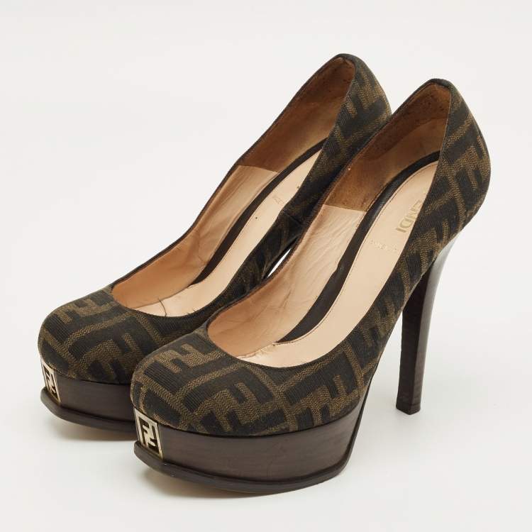 Pre Owned Fendi Brown Zucca Canvas Fendista Platform Pumps Size 37.5