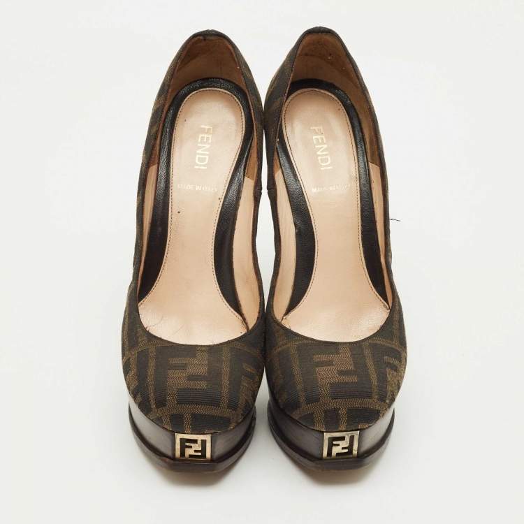 Pre Owned Fendi Brown Zucca Canvas Fendista Platform Pumps Size 37.5