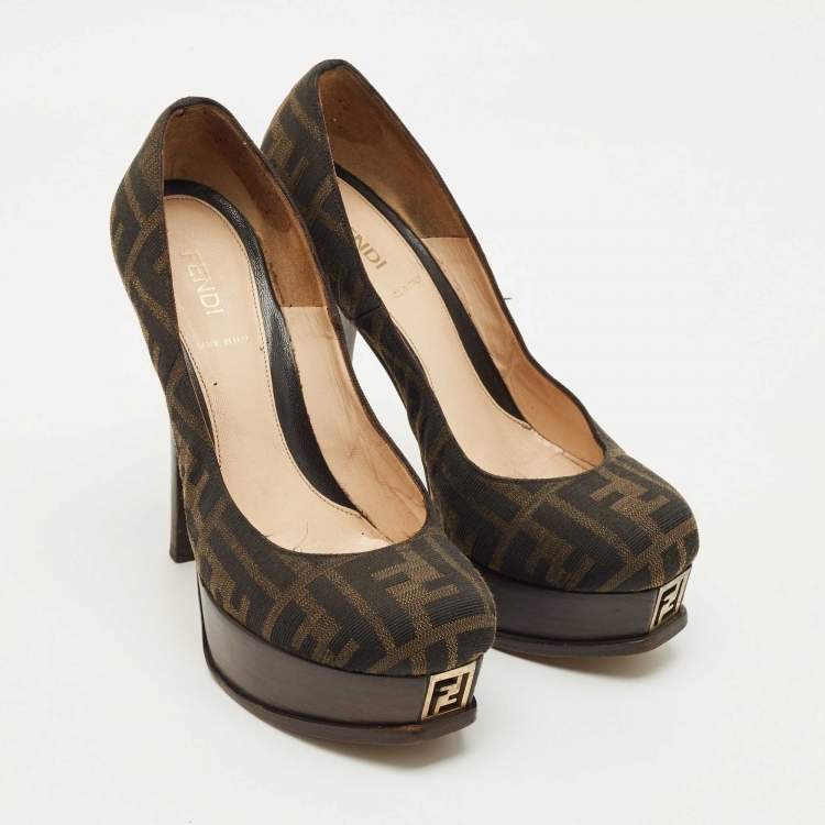 Pre Owned Fendi Brown Zucca Canvas Fendista Platform Pumps Size 37.5