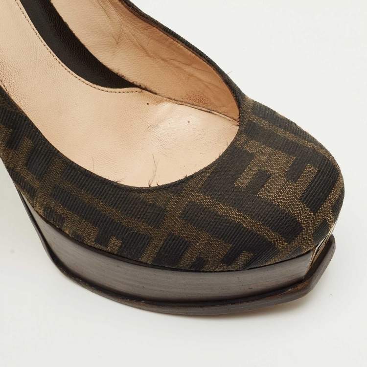 Pre Owned Fendi Brown Zucca Canvas Fendista Platform Pumps Size 37.5