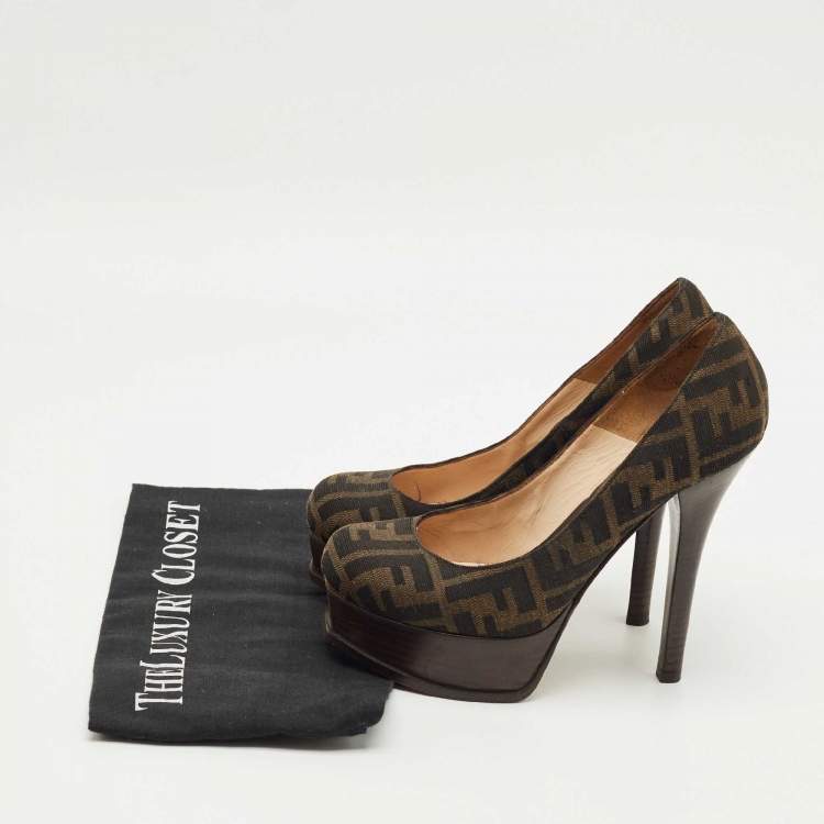 Pre Owned Fendi Brown Zucca Canvas Fendista Platform Pumps Size 37.5