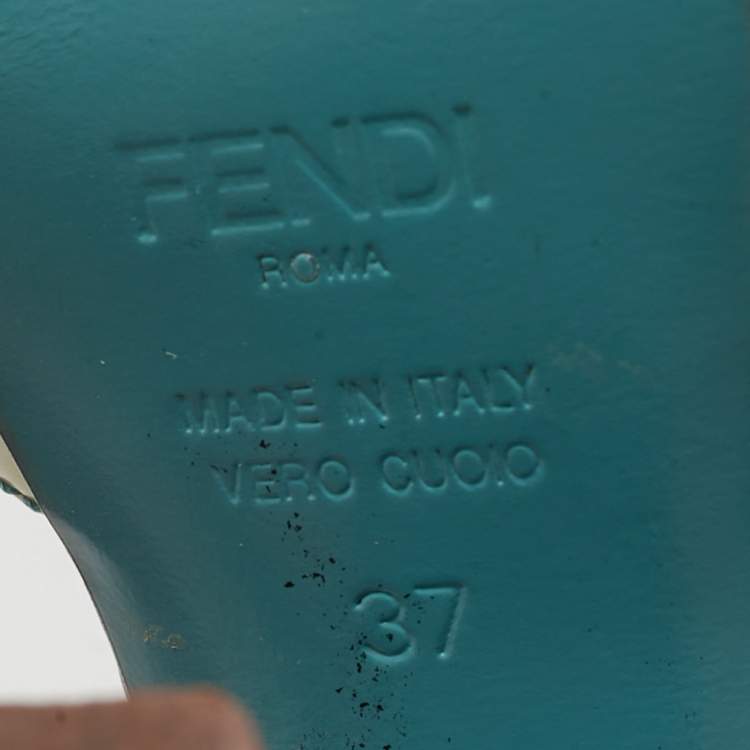 Pre Owned Fendi Beige/Blue Patent Leather Cut Out T-Strap Platform Sandals Size 37