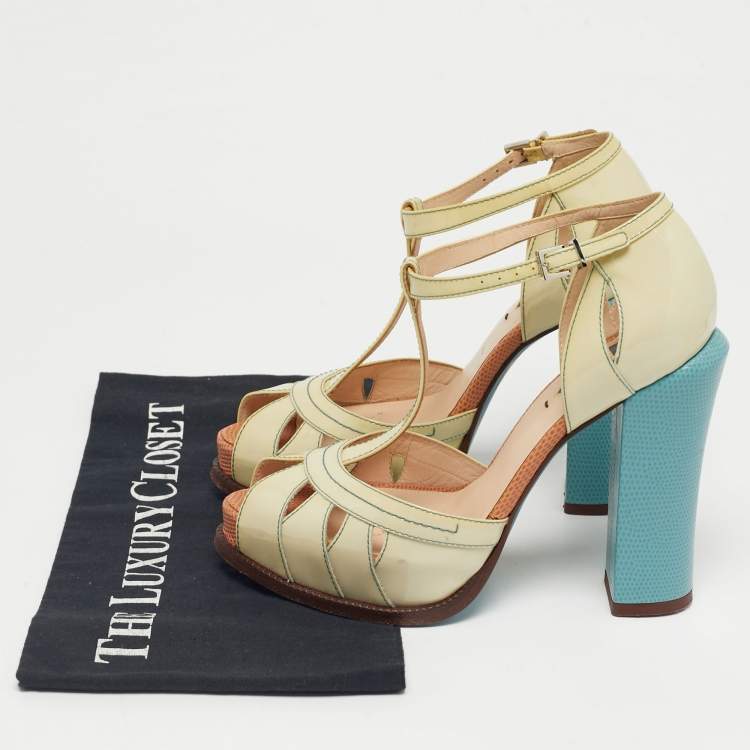 Pre Owned Fendi Beige/Blue Patent Leather Cut Out T-Strap Platform Sandals Size 37