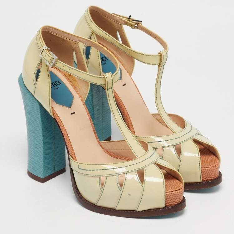 Pre Owned Fendi Beige/Blue Patent Leather Cut Out T-Strap Platform Sandals Size 37