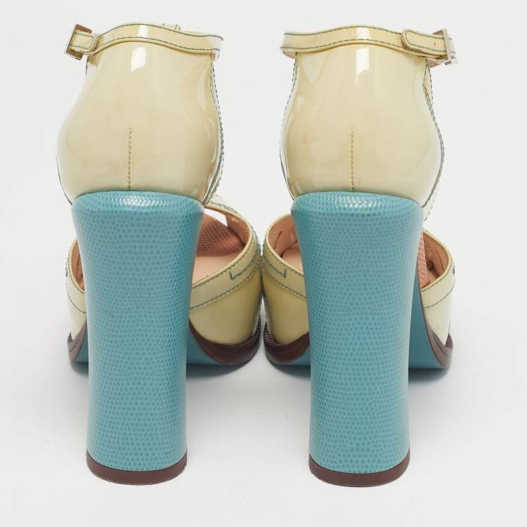 Pre Owned Fendi Beige/Blue Patent Leather Cut Out T-Strap Platform Sandals Size 37