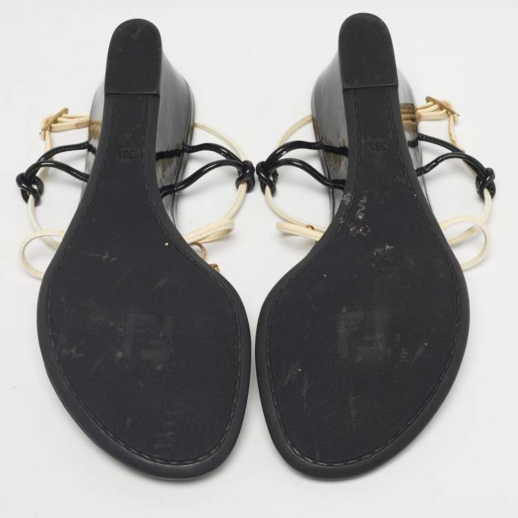 Pre Owned Fendi Tri-Color Patent Leather Bow Thong Wedge Sandals Size 38.5